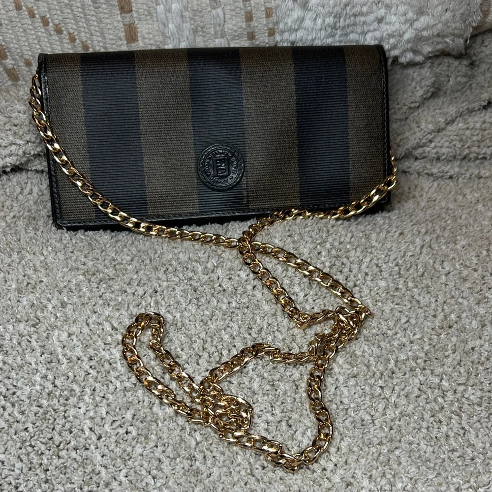 FENDI Black and Brown Striped Continental Wallet with Gold Tone Chain